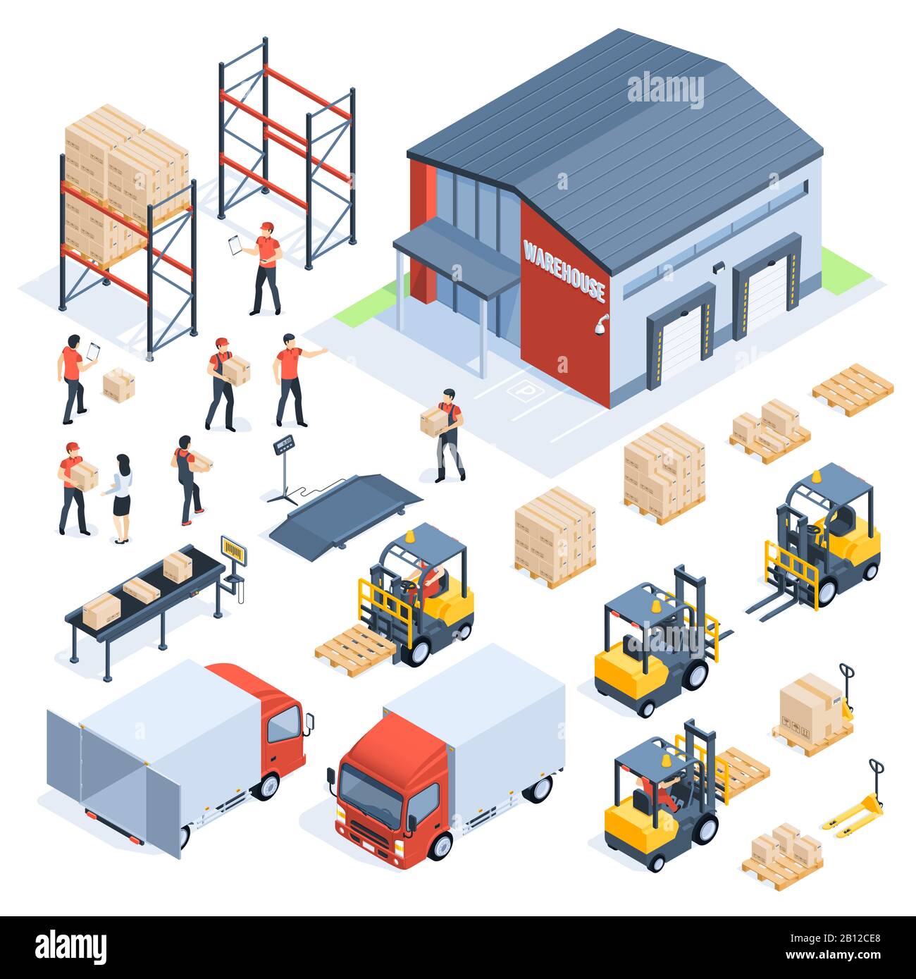 Isometric warehouse logistic. Cargo transport industry, wholesale distribution logistics and distributed pallets 3d isometric vector set Stock Vector