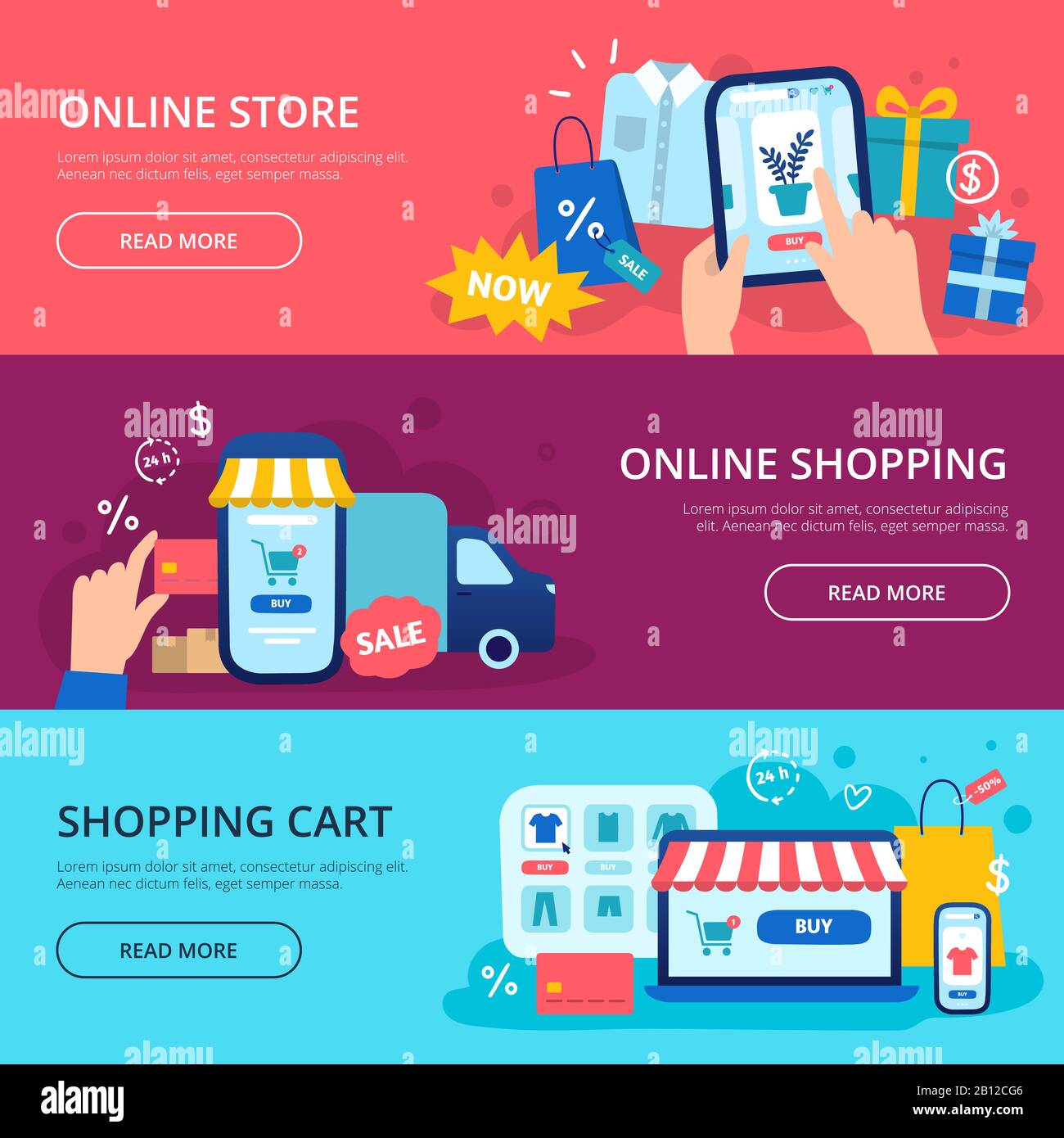 Online shopping banner. Web store credit card, internet shop cart and purchase delivery vector banners set Stock Vector