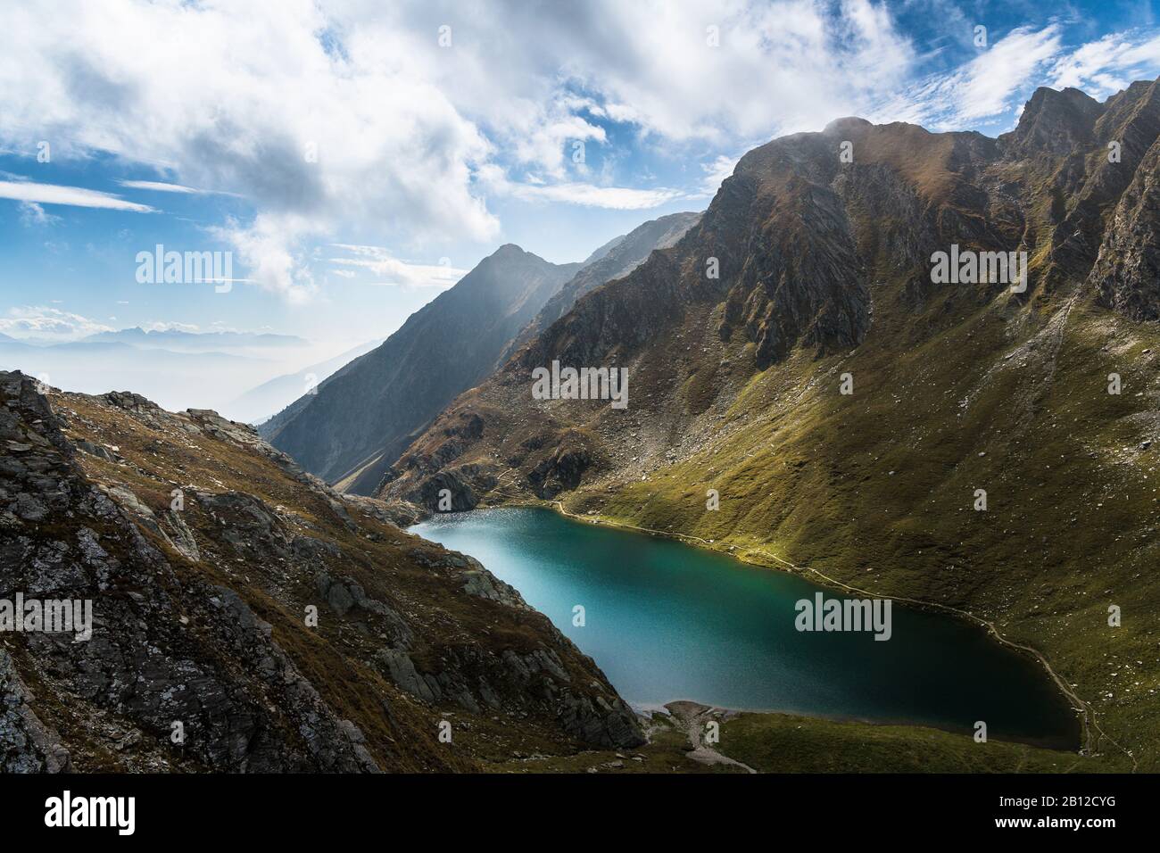 Hike to Seefeldspitze, view to Seefeldsee, Valser Tal, Pfunderer Berge, South Tyrol, Italy Stock Photo