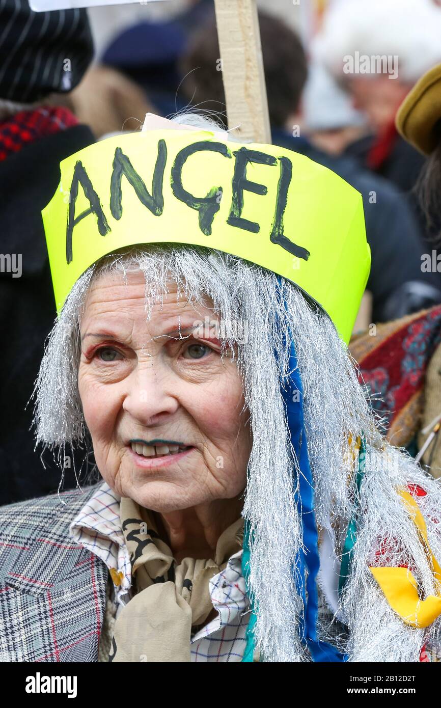 Vivienne Westwood, British fashion designer wearing an 'ANGEL' headband  joins supporters of Wikileaks Founder Julian Assange protesting outside  Australia House in central London against Assange's extradition to the  United States where he