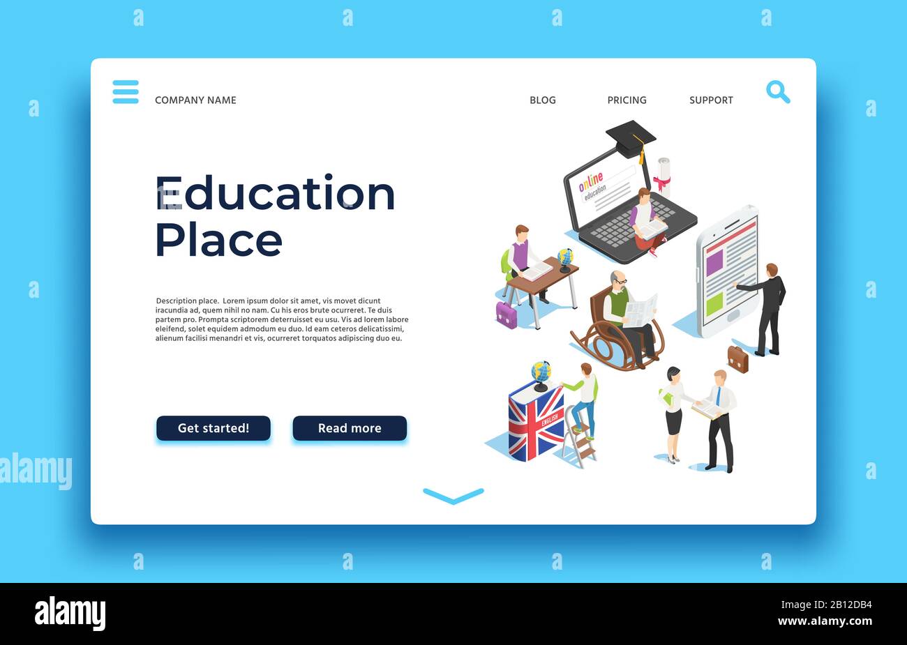 Education landing page. Isometric people learning with ebooks smatphones and laptops. Vector web design Stock Vector