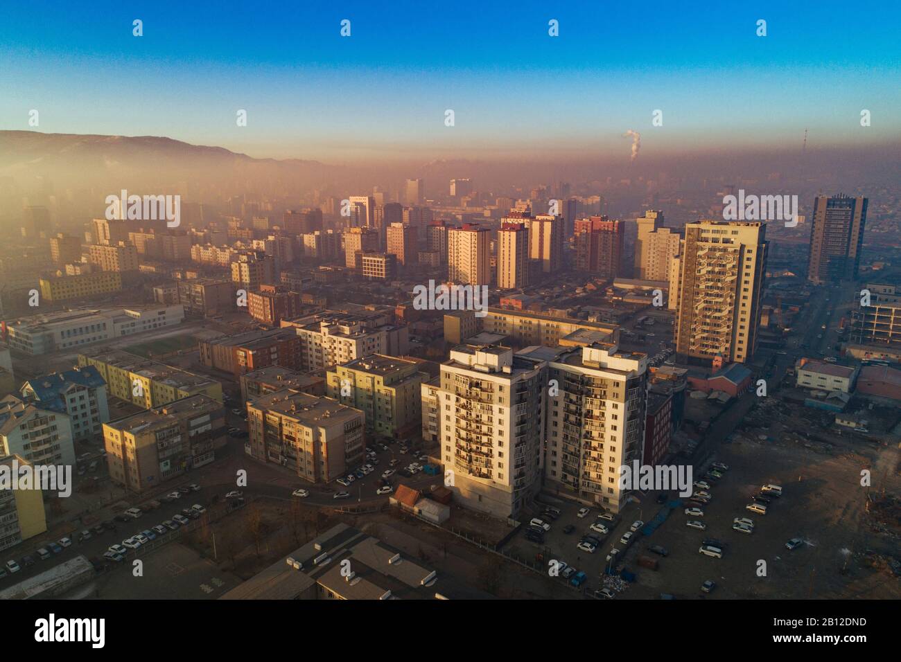 Ulaanbaatar at sunrise with smog, Mongolia Stock Photo