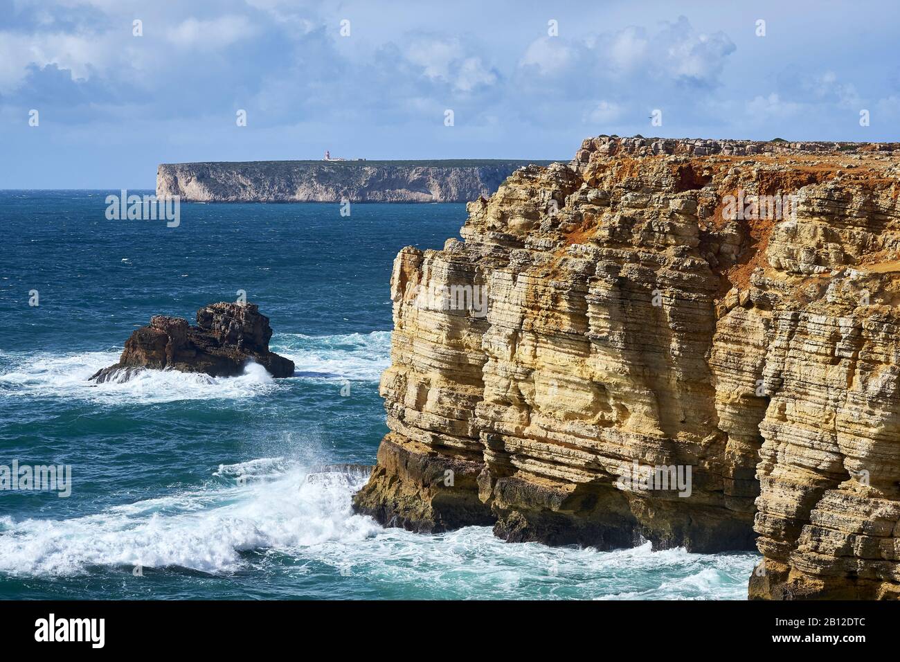 Rocky coast at Cabo de Sao Vicente with stormy sea near Sarges, Algarve, Faro, Portugal Stock Photo