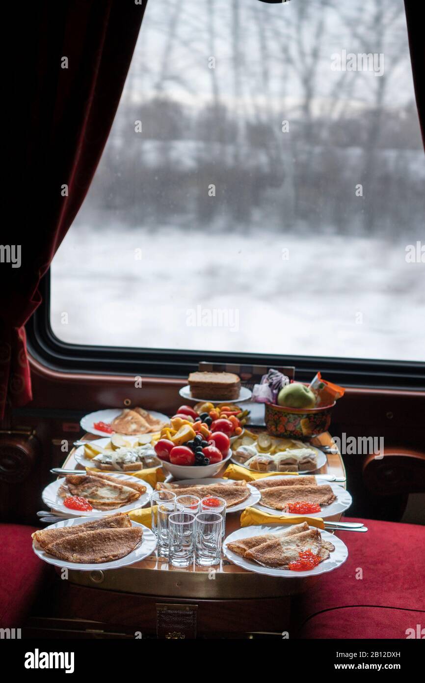 Breakfast, Trans-Siberian Railway in Winter, Russia Stock Photo
