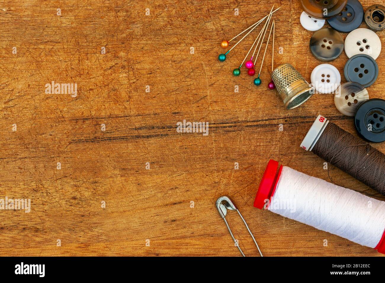 sewing tools and accessories on table Stock Photo