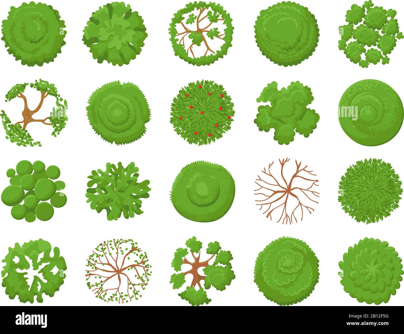 Top view tree. Planting green trees, park map vegetation and tropical forest maps viewing from above vector illustration set Stock Vector