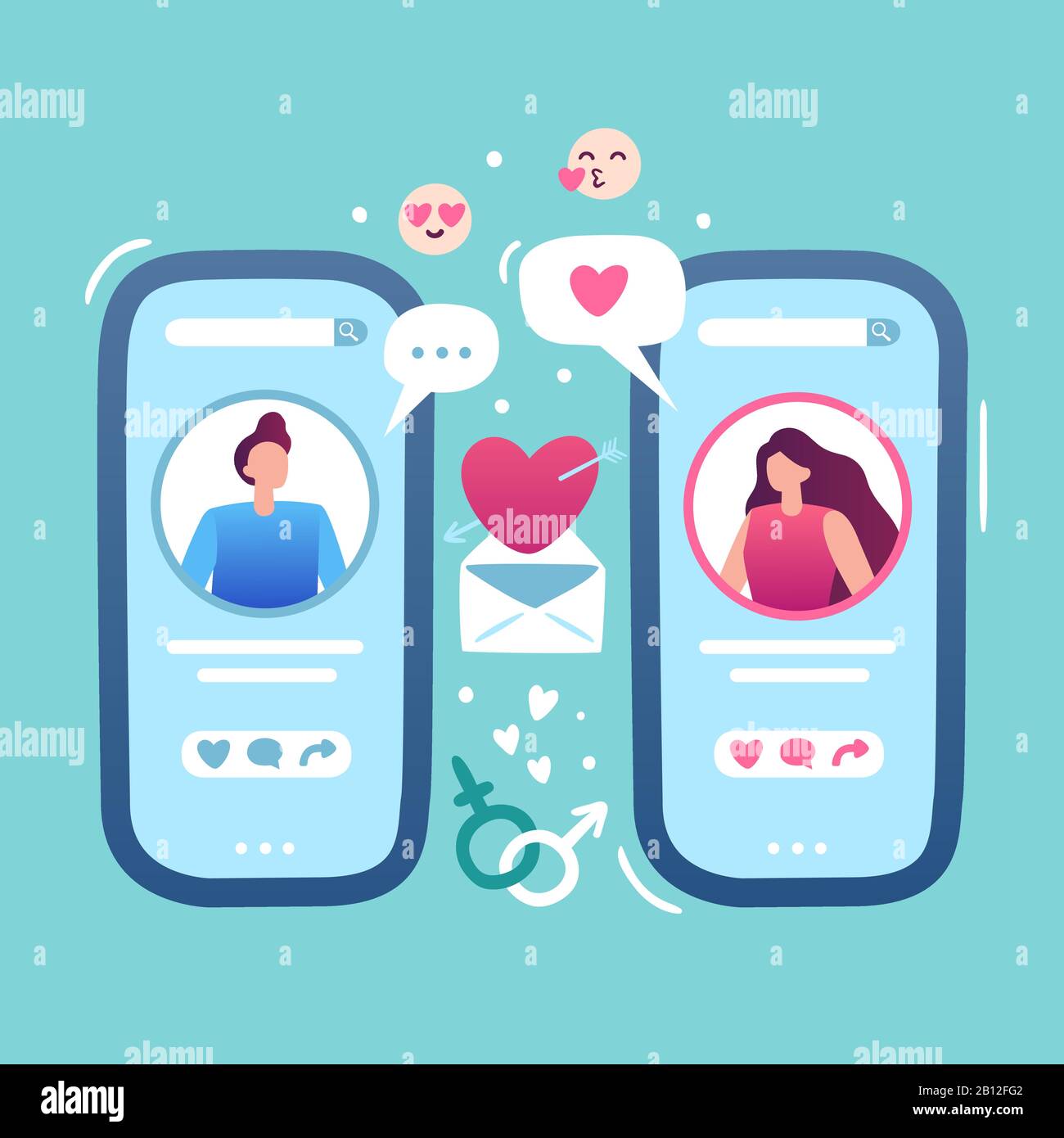 Romantic online date. Internet love dating app, female and male hold smartphone and relationships couple match site vector illustration Stock Vector