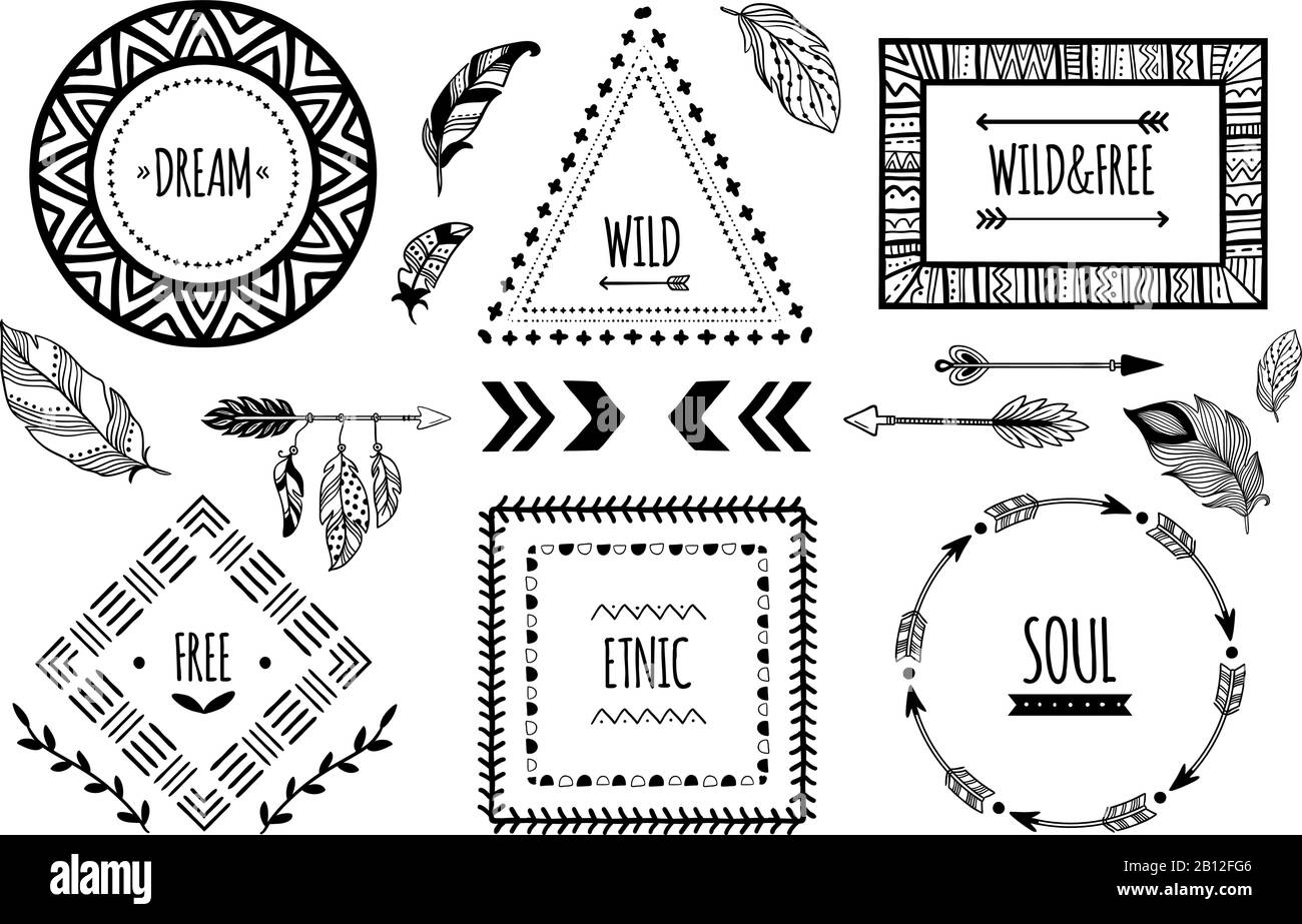 Tribal frames. American indian ethnic frame, bohemian aztec tattoo or tribals fashion border isolated vector illustration Stock Vector