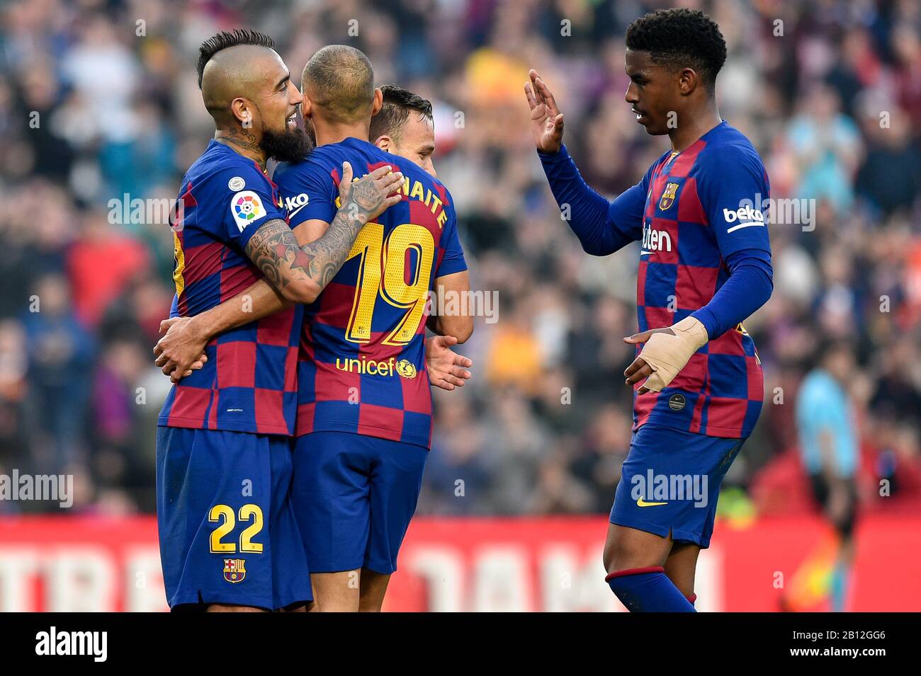 Barcelona, Spain. 22nd Feb, 2020. Arturo Vidal, Martin Braithwaite, Junior Firpo and Arthur of FC Barcelona celebrate the fifth goal during the Liga match between FC Barcelona and SD Eibar at Camp Nou on February 22, 2020 in Barcelona, Spain. Credit: Dax Images/Alamy Live News Stock Photo