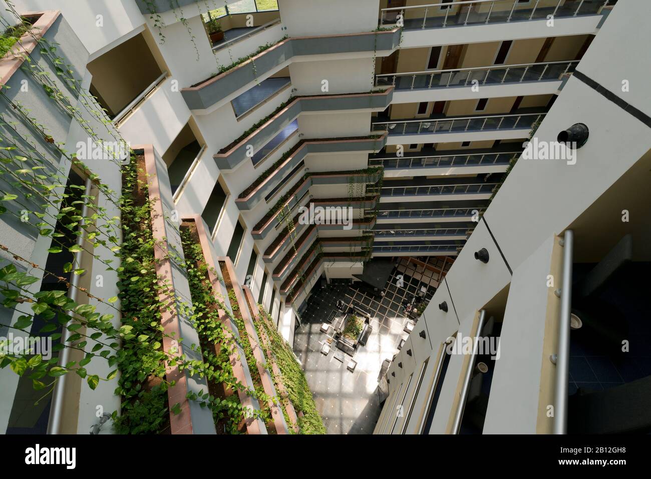 Wide angle shot of a hotel lobby from above. Stock Photo