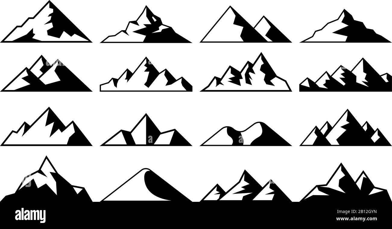 Mountain peak icon. Tibet mountains, berg hills tops and everest hill landscape vector icons set Stock Vector
