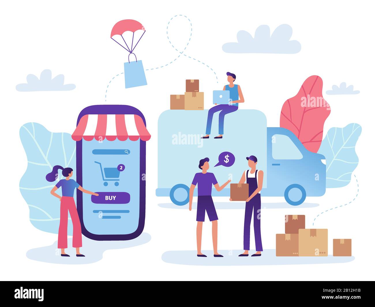Online store delivery. Web shop retail purchase shiping, goods market purchasing and shopping business vector illustration Stock Vector