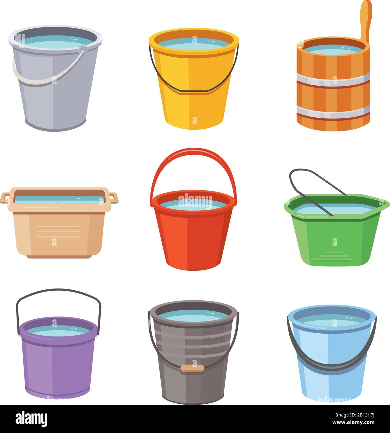 Water buckets set. Metal pail, empty and full plastic garden bucket isolated vector illustration icons Stock Vector
