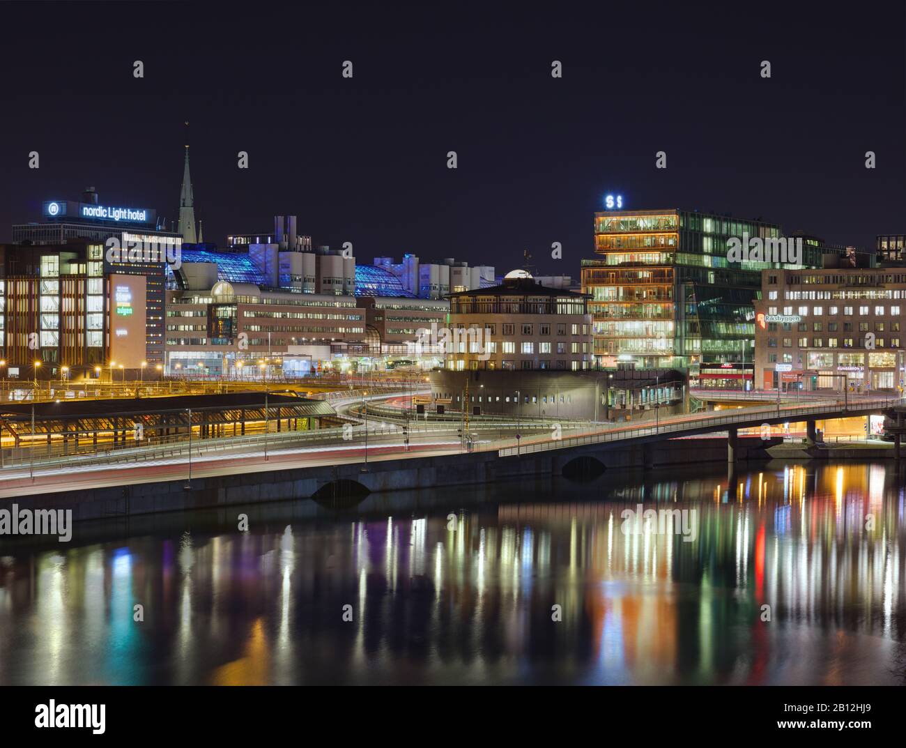 Norrmalm from Barnhusbron at night in Stockholm, Sweden Stock Photo