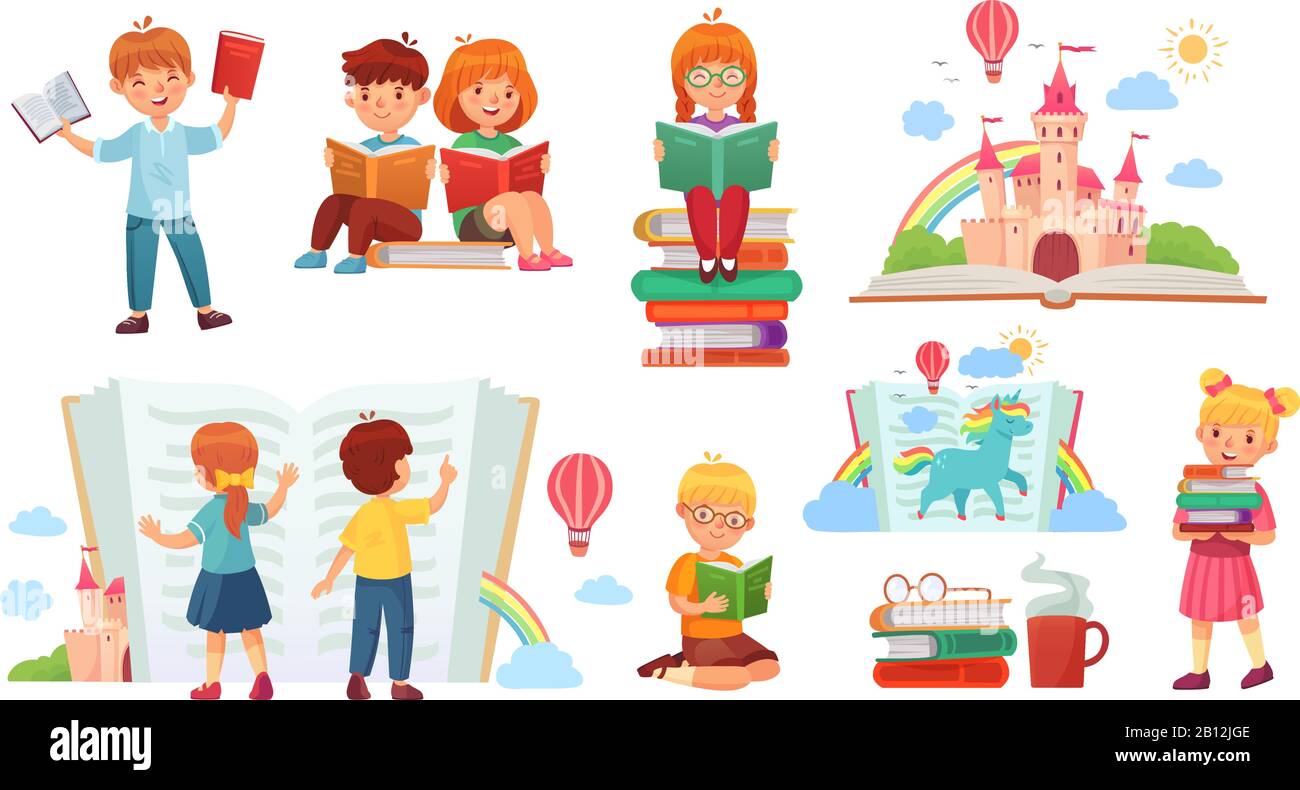 Kids reading book. Cartoon child library, happy kid read books and book stack isolated vector illustration Stock Vector