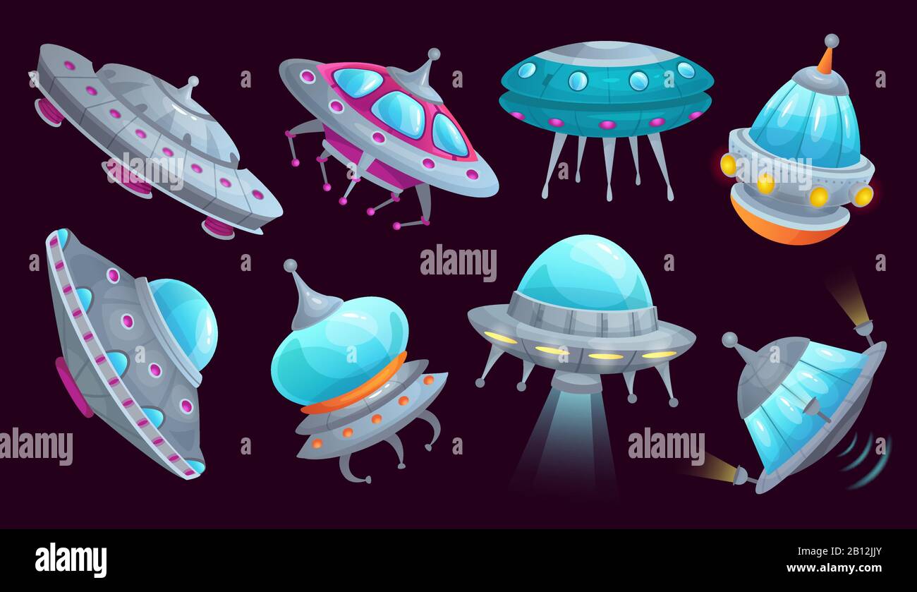 Cartoon ufo spaceship. Alien spacecraft futuristic vehicle, space invaders ship and flying saucer isolated vector set Stock Vector