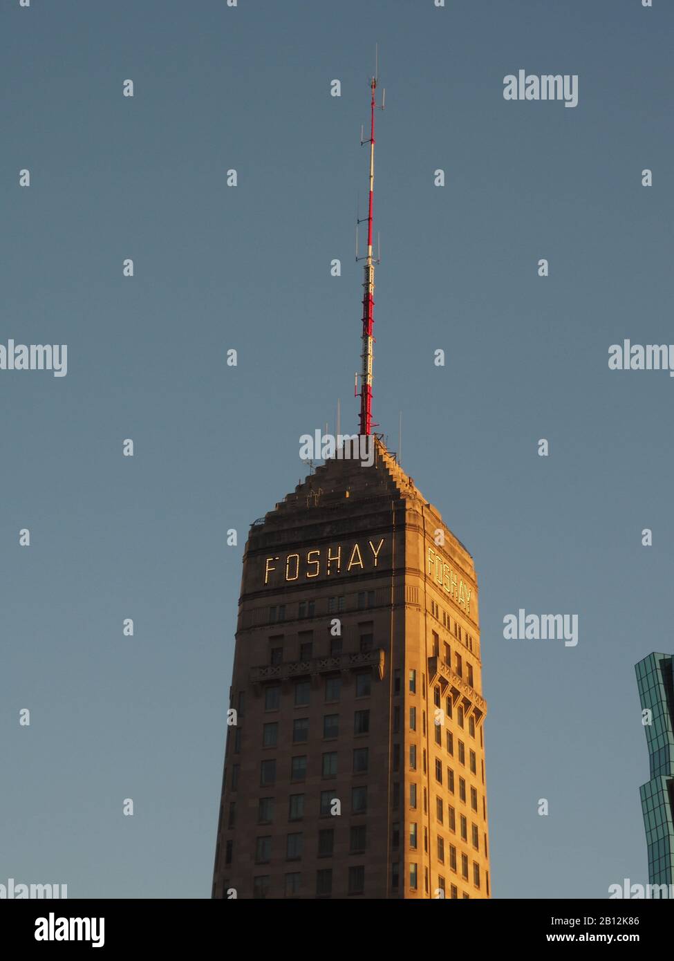 The Foshay Building in Minneapolis, Minnesota, USA with its name illuminated Stock Photo