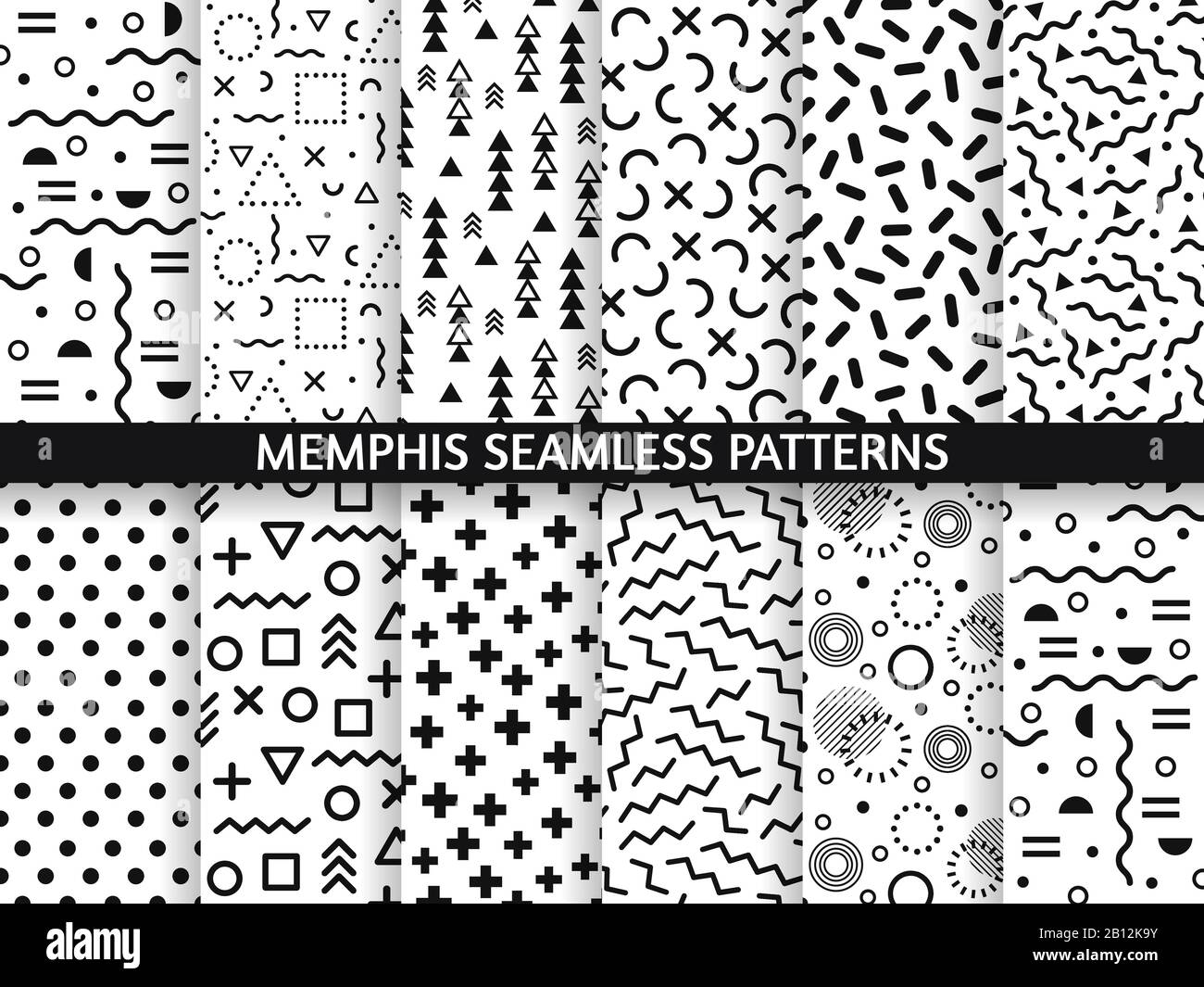 Memphis seamless patterns. Funky pattern, retro fashion 80s and 90s print pattern texture. Geometric graphics style textures vector set Stock Vector