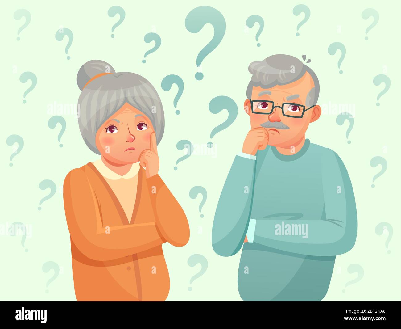 Thinking seniors couple. Confused elderly people. Grandfather, grandmother forget and trying remember cartoon vector illustration Stock Vector