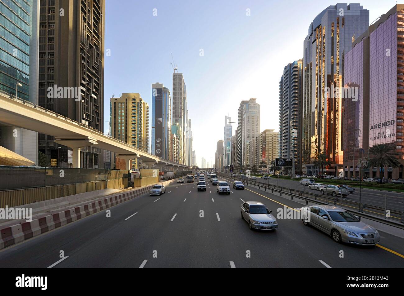 Traffic,Modern architecture,High-rise buildings,Sheikh Zayed Road,Dubai Downtown,Dubai,United Arab Emirates,Middle East Stock Photo