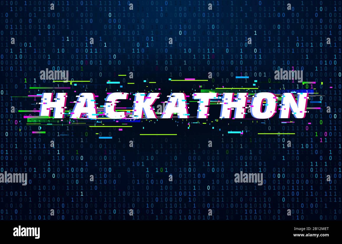 Hackathon background. Hack marathon coding event, glitch poster and saturated binary data code flux vector background illustration Stock Vector