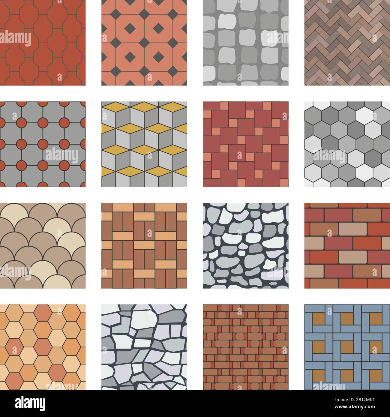 Paving stone pattern. Brick paver walkway, rock stones slab and street pavement floor block seamless vector patterns set Stock Vector