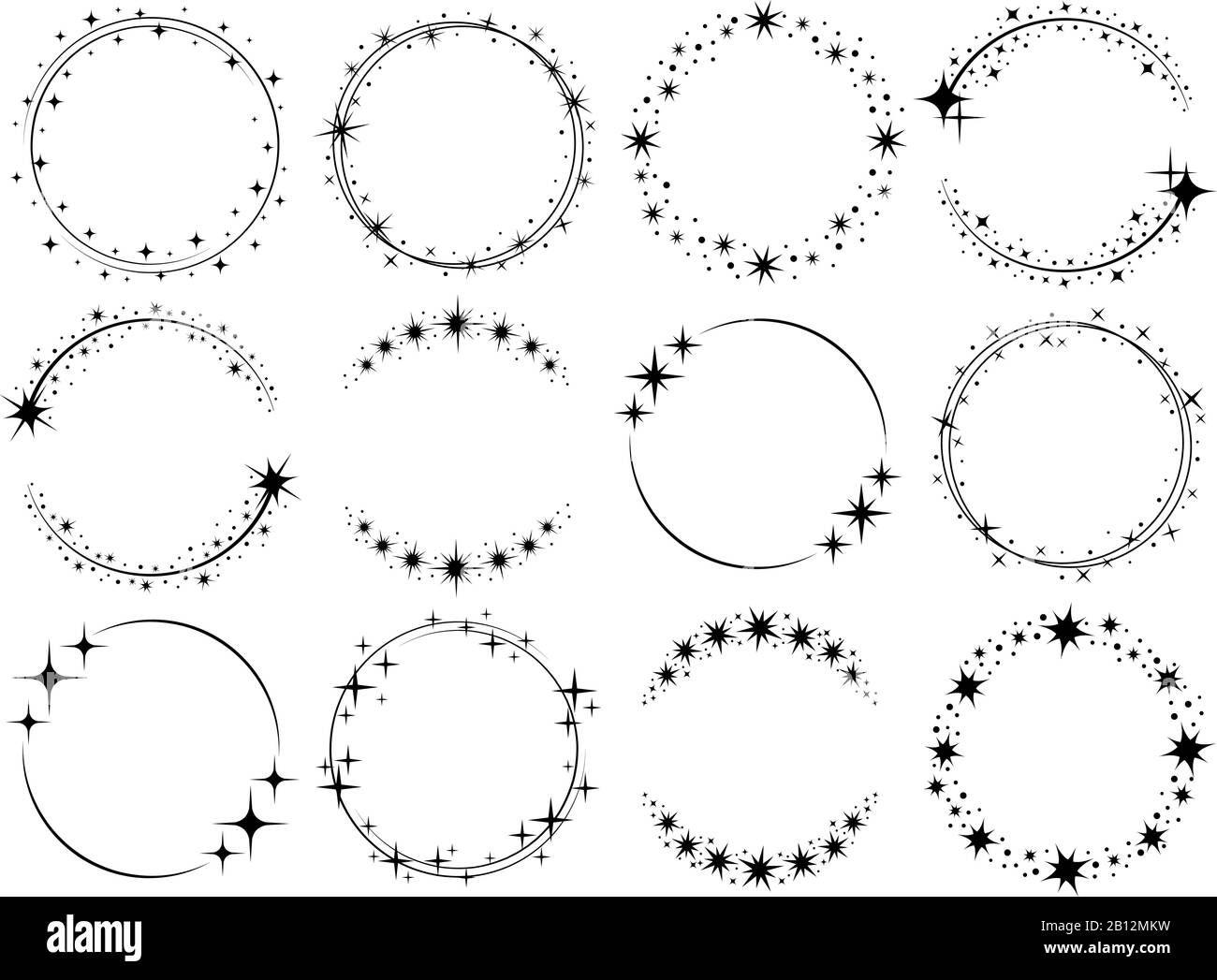 Stardust frames. Shiny star circle frame, starry glitter stamp and round magic twinkle stars trace isolated vector set Stock Vector