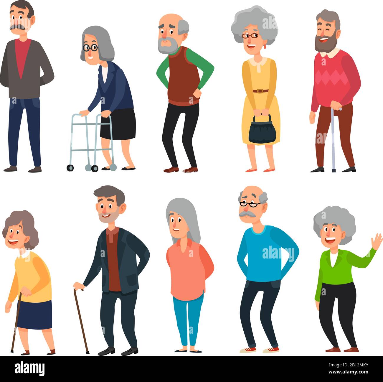 Old cartoon seniors. Aged people, wrinkled senior grandfather and walking grandmother with gray hair isolated illustration set Stock Vector