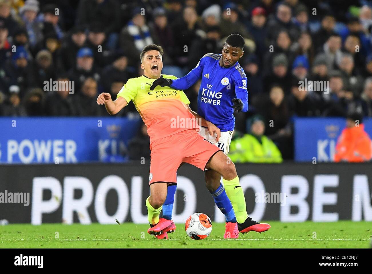 Leicester, UK. 22nd Feb, 2020. Kelechi Iheanacho (14) of Leicester City fouls Rodrigo (16) of Manchester City during the Premier League match between Leicester City and Manchester City at the King Power Stadium, Leicester on Saturday 22nd February 2020. (Credit: Jon Hobley | MI News) Photograph may only be used for newspaper and/or magazine editorial purposes, license required for commercial use Credit: MI News & Sport /Alamy Live News Credit: MI News & Sport /Alamy Live News Stock Photo