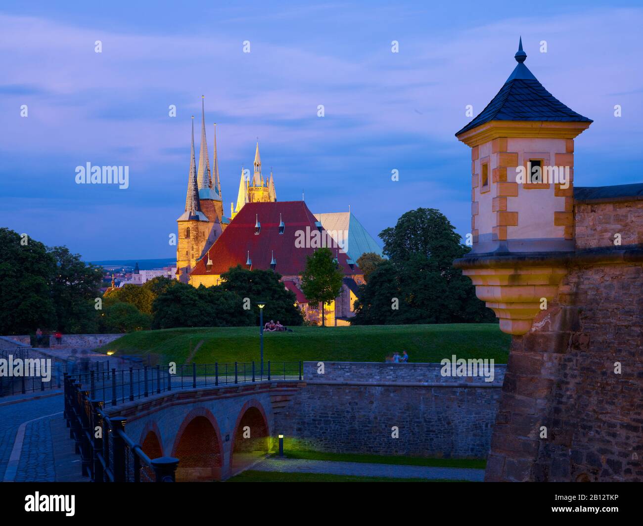 Bay with watchpoint of Petersberg Citadel with St. Mary's Cathedral and St. Severus church,Erfurt,Thuringia,Germany Stock Photo