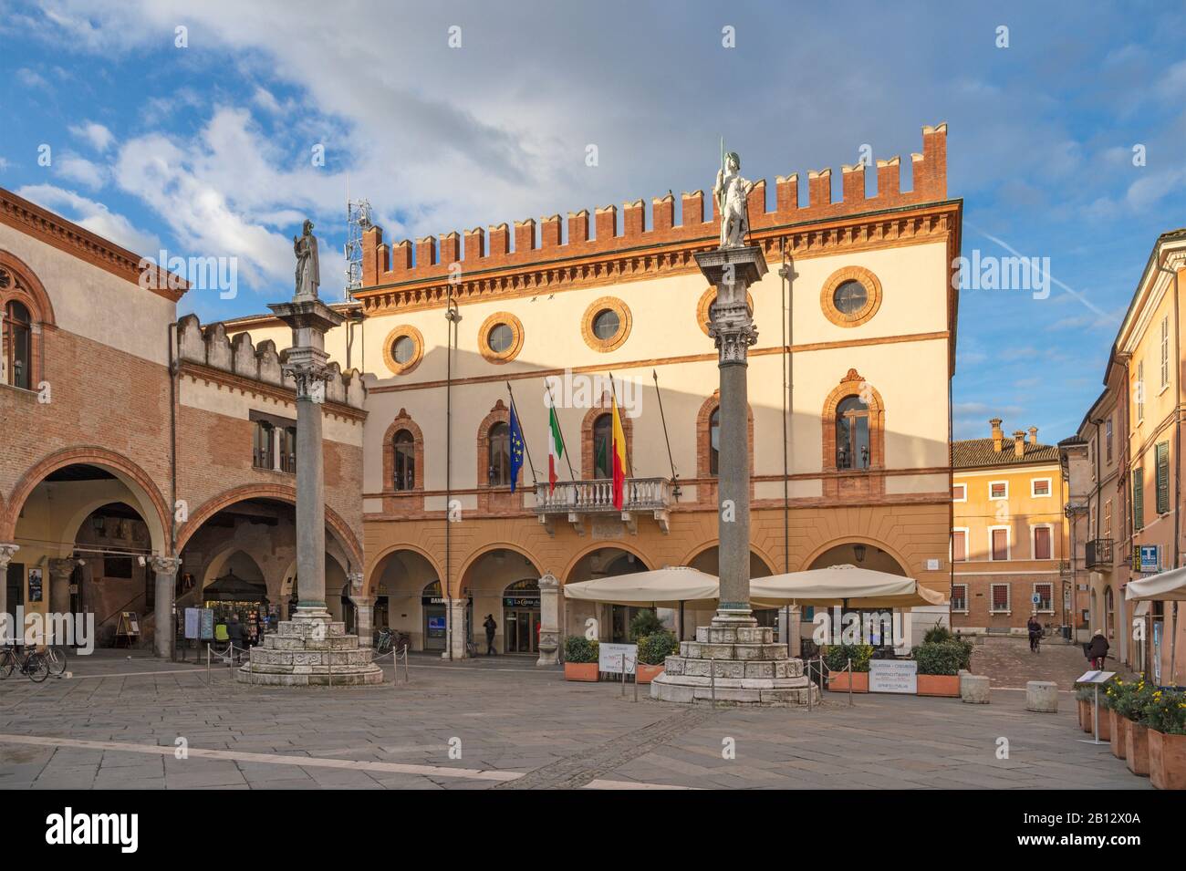 RAVENNA, ITALY - JANUARY 28, 2020:  The square Piazza del Popolo at dusk. Stock Photo