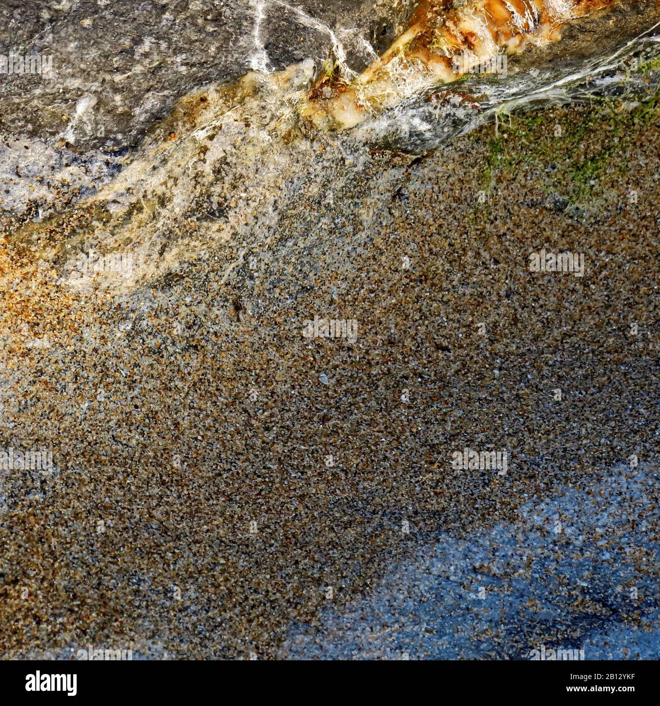 Abstract colour photograph of coastal rock the image is a colour abstract with a near impressionism style containing rock plant and sand patterns with Stock Photo