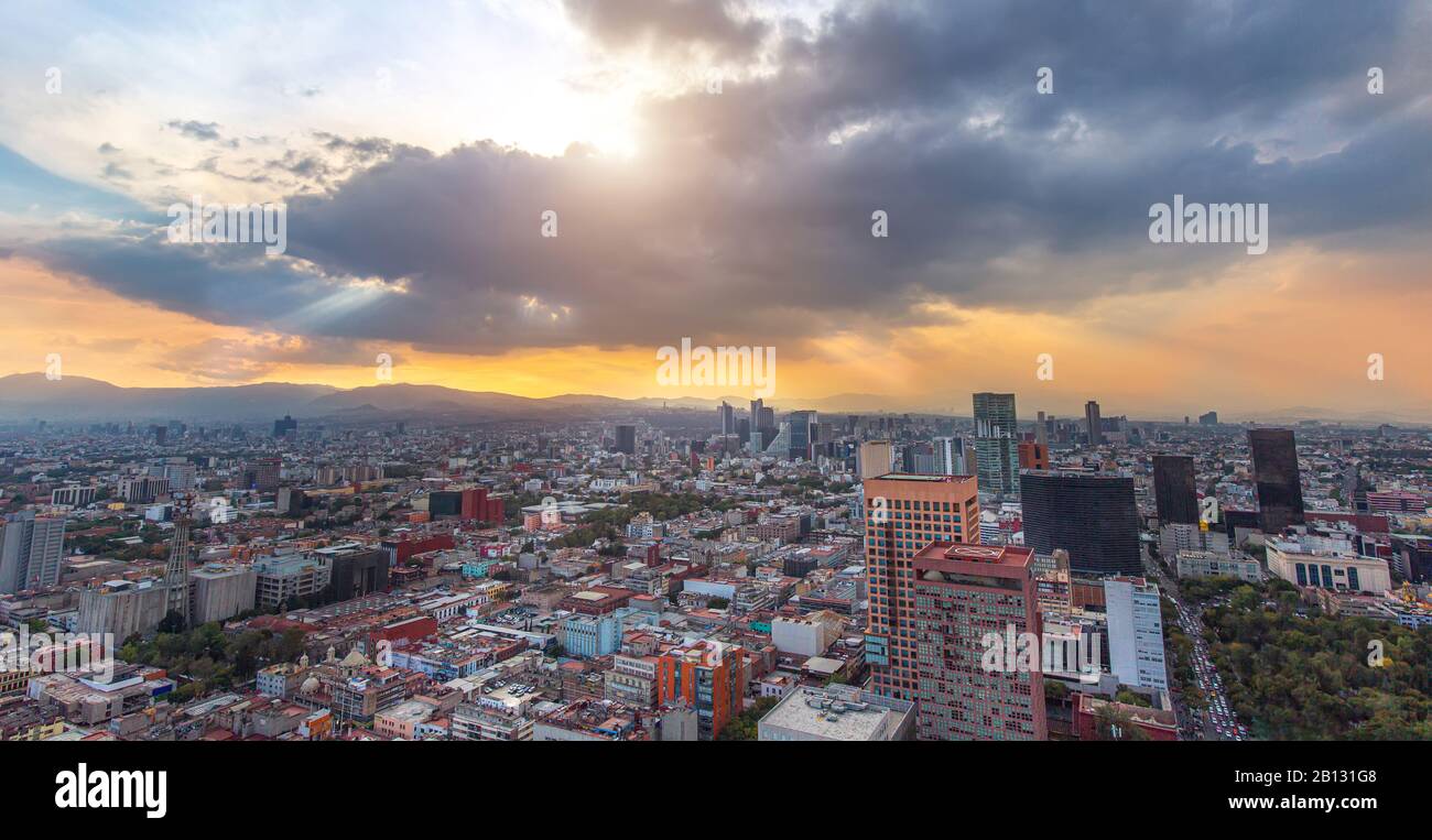 Scenic panoramic view of Mexico City center from the observation deck at the top of Latin American Tower (Torre Latinoamericana) Stock Photo