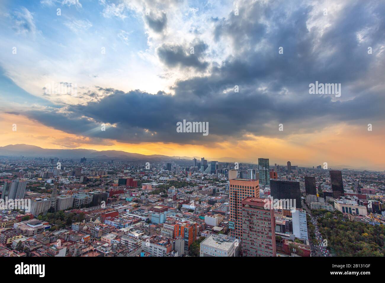 Scenic panoramic view of Mexico City center from the observation deck at the top of Latin American Tower (Torre Latinoamericana) Stock Photo