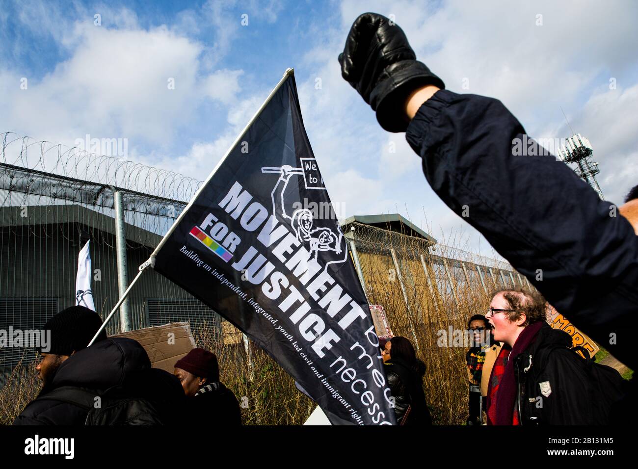 London, UK. 22nd Feb, 2020. Campaigners demonstrate out side Colnbrook detention centre in support of several people who are faceing deportation to Jamaica. Credit: Thabo Jaiyesimi/Alamy Live News Stock Photo