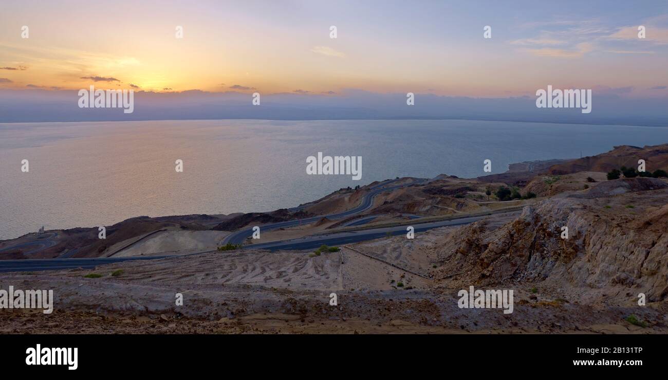 Dead Sea with sunset,Ain Zarqa,Madaba Province,Jordan,Southwest Asia Stock Photo