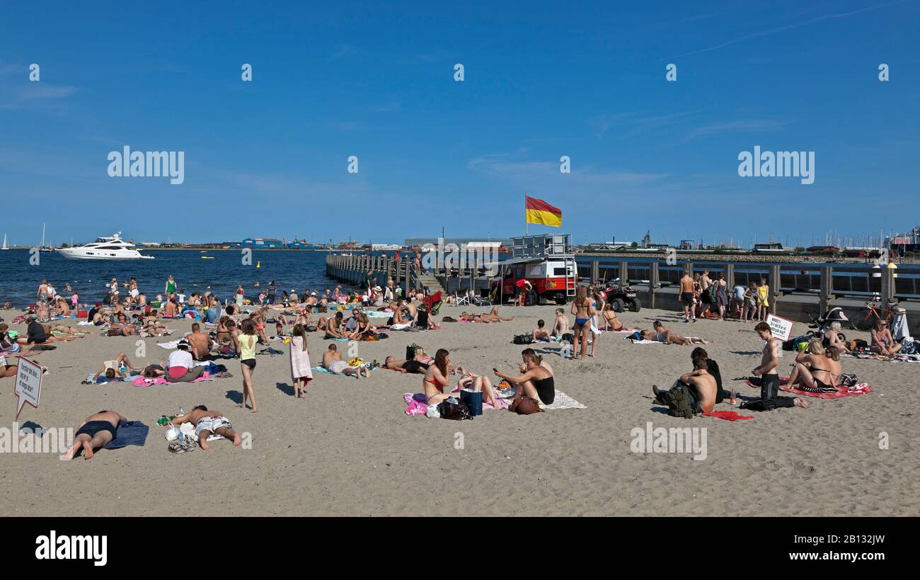 The Svanemølle Beach, an urban beach and harbour bath at the North Harbour of Copenhagen. 4,000 sqm. sand beach with a 130m long pier established 2010 Stock Photo