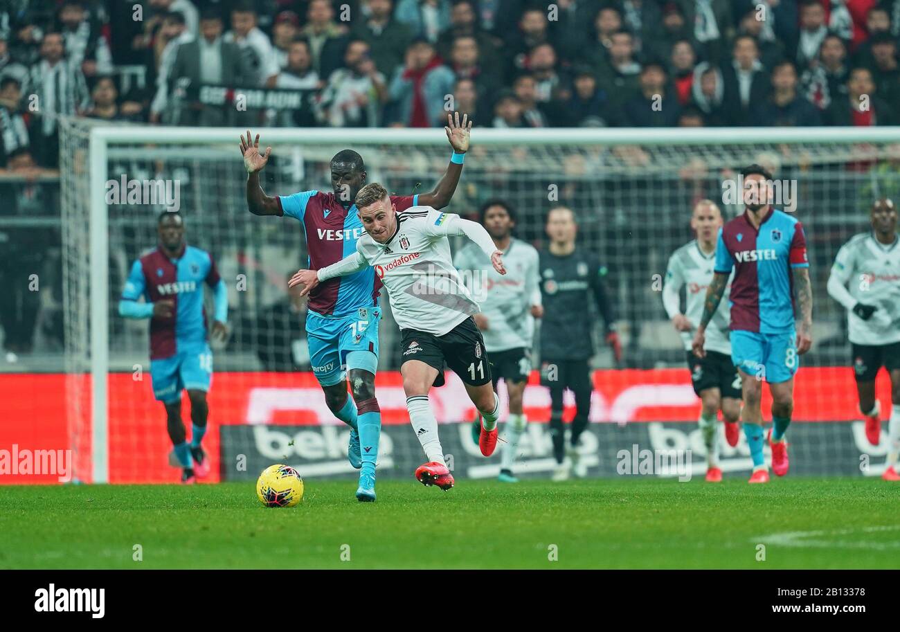 Vodafone Park, Istanbul, Turkey. 22nd Feb, 2020. Tyler Boyd of Besiktas in front of Badou Ndiaye of Trabzonspor during Besiktas against Trabzonspor on Vodafone Park, Istanbul, Turkey. Kim Price/CSM/Alamy Live News Stock Photo