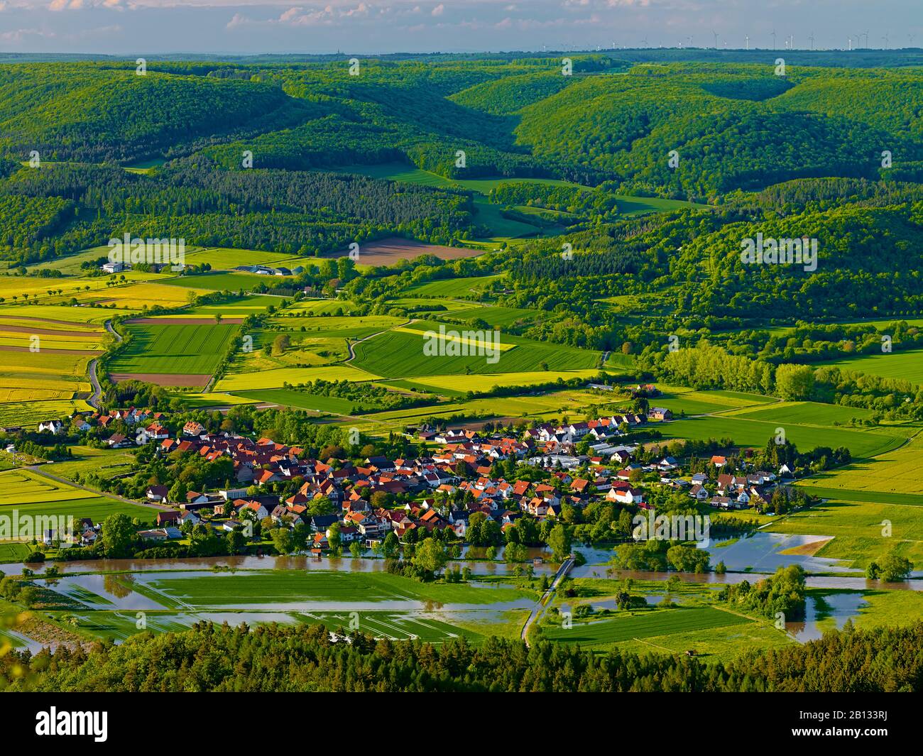 View from Heldrastein near Schnellmannshausen to Heldra,Werra Valley,Wartburgkreis District,Thuringia,Germany Stock Photo
