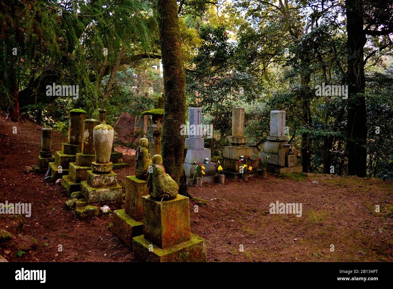Closeup of a small cemetery in the forest on the mt. Shosha, Himeji Stock Photo