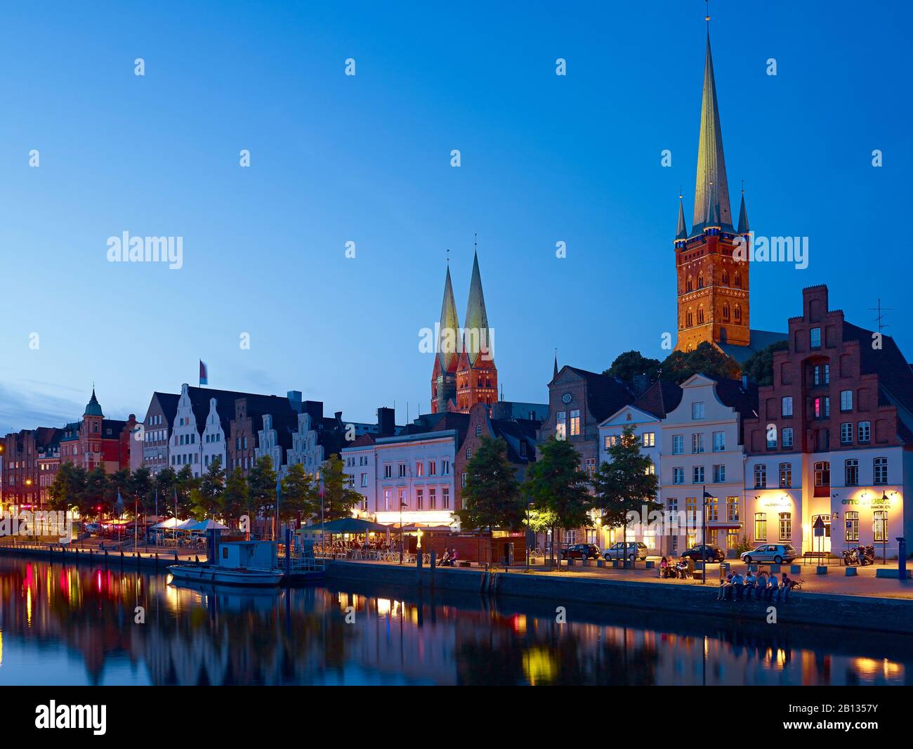 View to Obertrave with St Marys of Luebeck and St Peters Church,Lubeck,Schleswig-Holstein,Germany Stock Photo