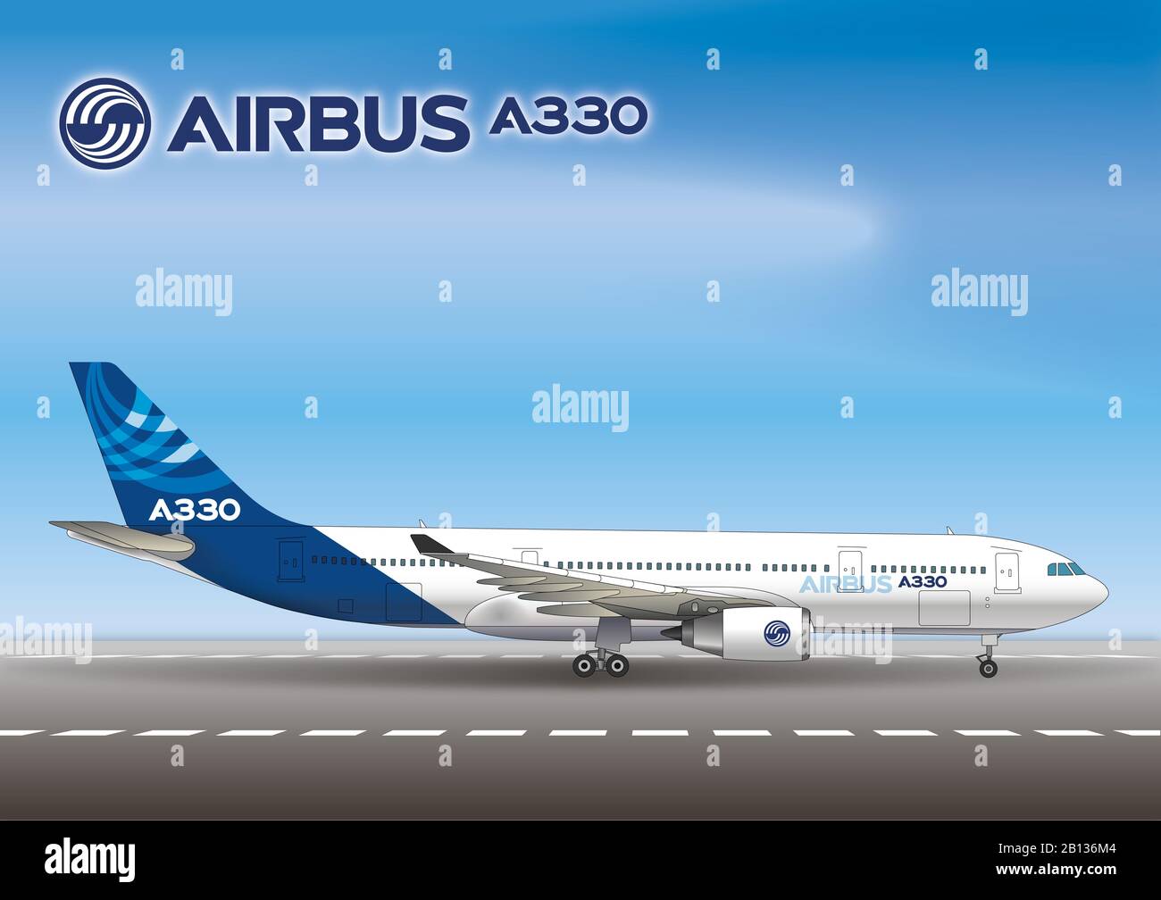 Airbus A330 seen from the side on the rolling runway, vector drawing, editorial Stock Photo