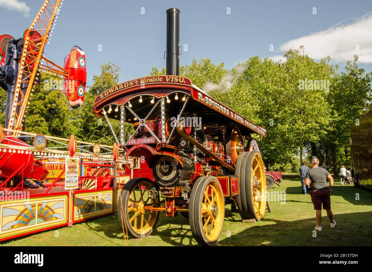 Basingstoke, UK - September 1, 2019: Vintage Traction Engine providing power for a ride at Carter's Steam Fair in War Memorial Park, Basingstoke on a Stock Photo