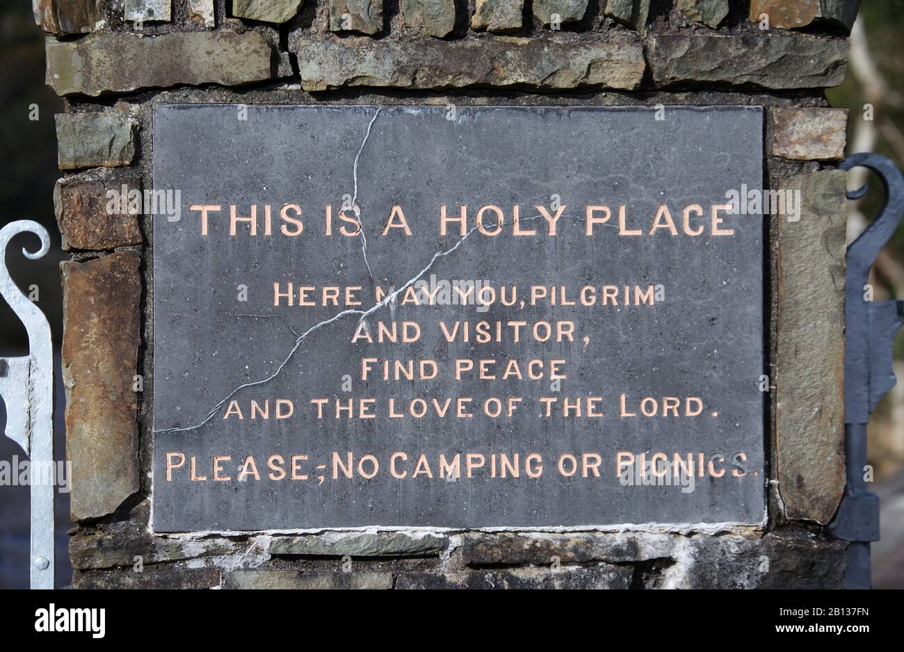 Plaque at the pilgrimage site of Gougane Barra which is a holy place in Ireland Stock Photo