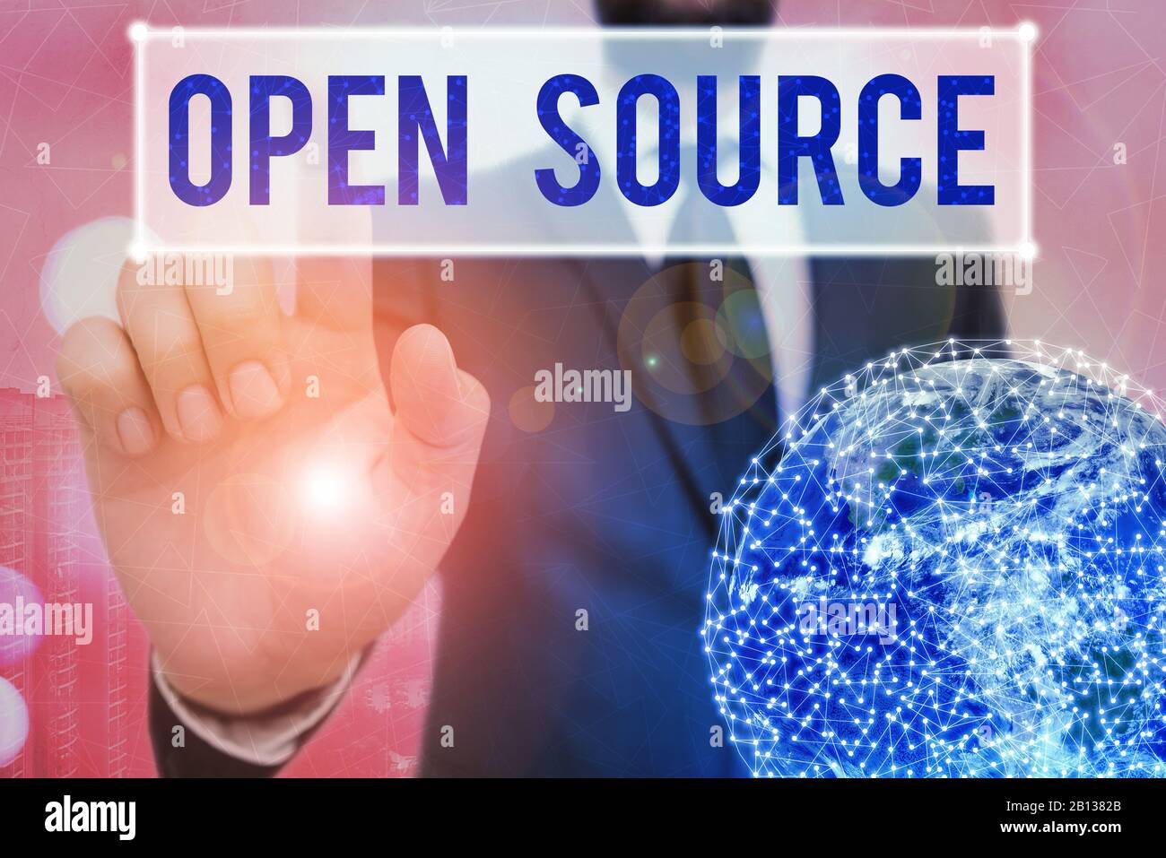 Writing note showing Open Source. Business concept for denoting software which original source code is made free Stock Photo