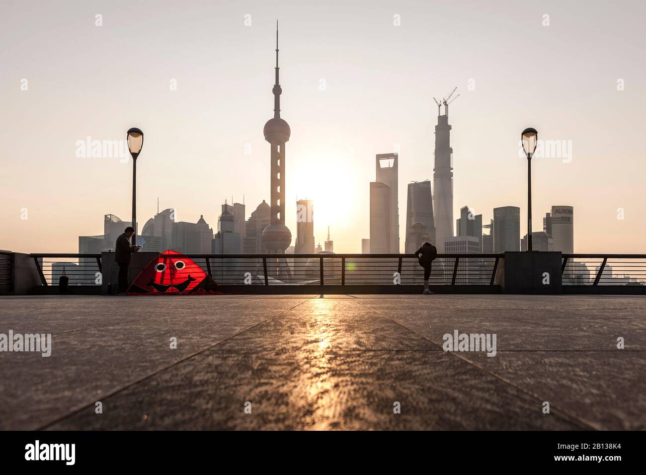 Kite at the Bund,Waterfront,Sunrise,Pudong skyline,Shanghai,China Stock Photo