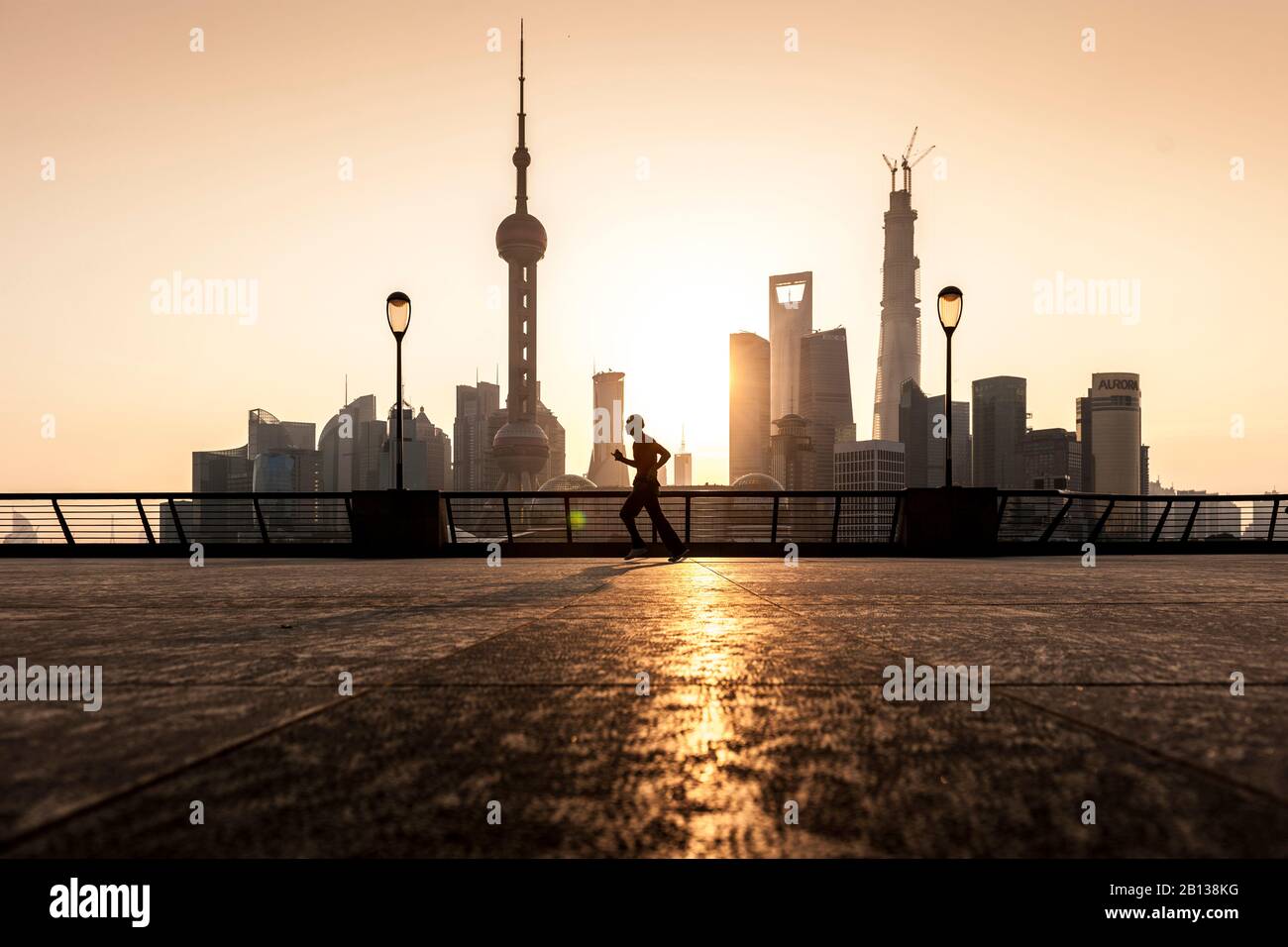 Sunrise on the Bund,waterfront,skyline of Pudong,Shanghai,China Stock Photo