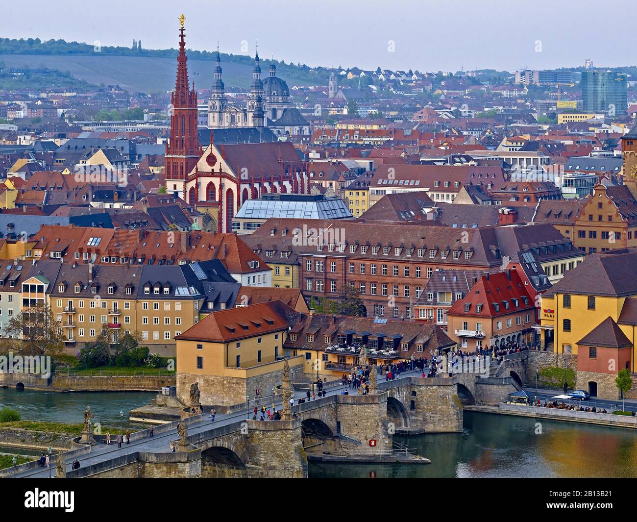 View to Collegiate church Haug with St Mary's Chapel,Old Main Bridge in Wurzburg,Lower Franconia,Bavaria,Germany,Europe Stock Photo