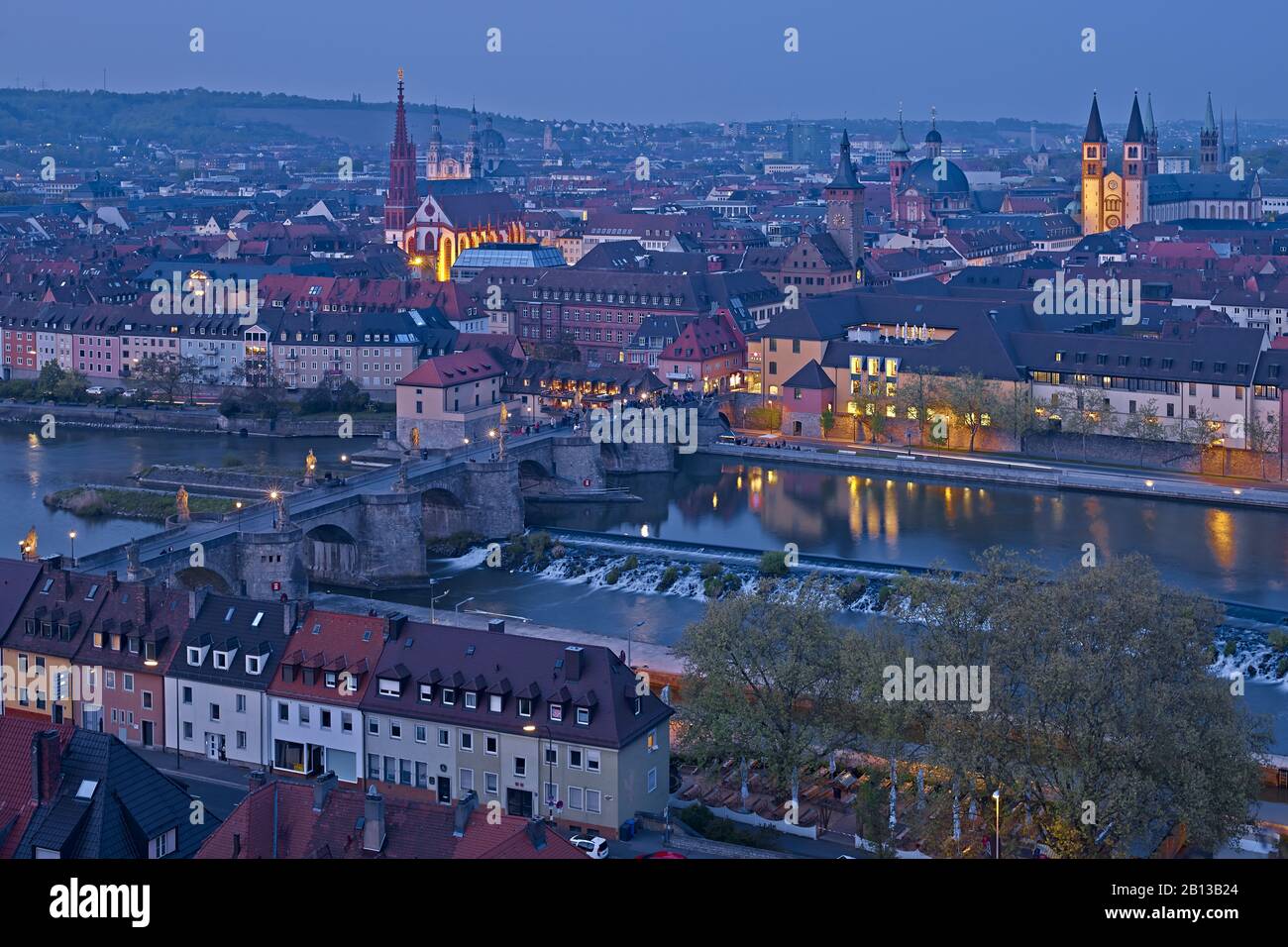 City panorama with St. Mary's Chapel,Old Main Bridge,Collegiate church Neumünster,City Hall Grafeneckart and Cathedral in Wurzburg,Lower Franconia,Bavaria,Germany,Europe Stock Photo