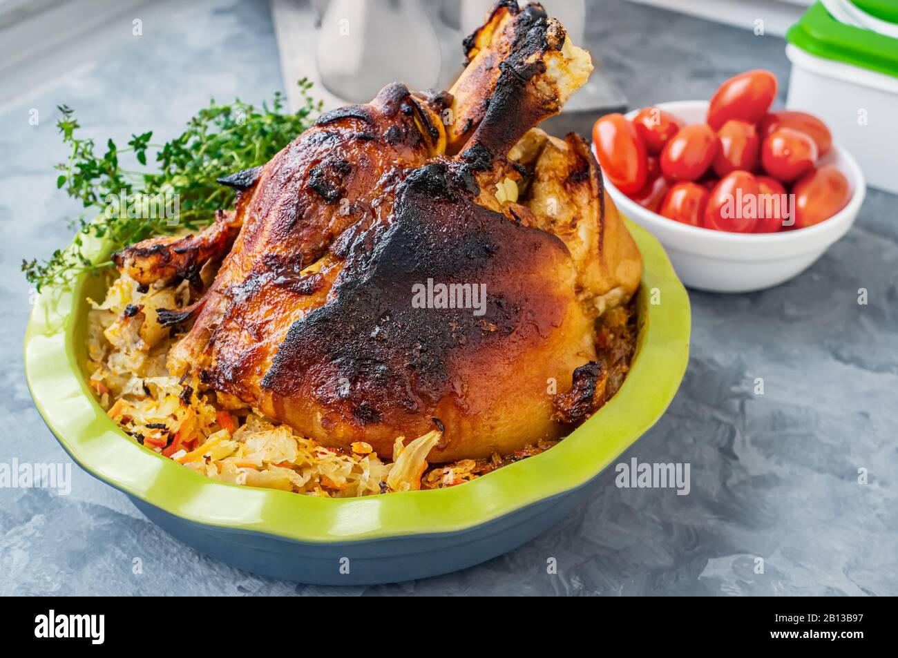 roasted pork knuckle with a side dish of sauerkraut. national Czech and